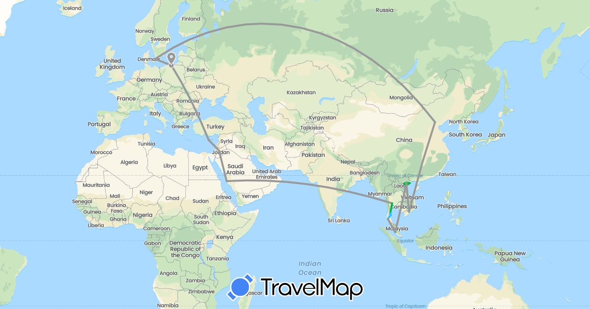 TravelMap itinerary: driving, bus, plane, boat in China, Cyprus, Denmark, Jordan, Malaysia, Poland, Saudi Arabia, Thailand, Vietnam (Asia, Europe)